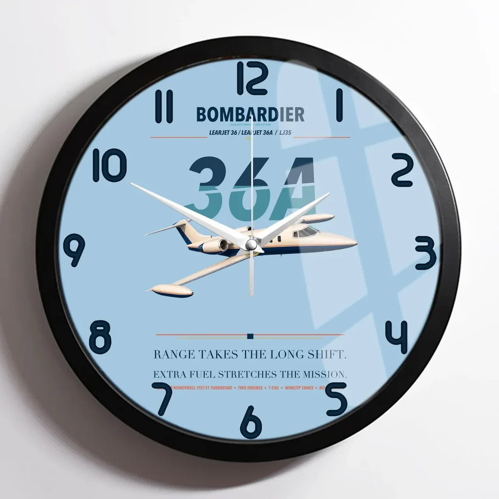 Bombardier Learjet 36A design on light blue framed wall clock