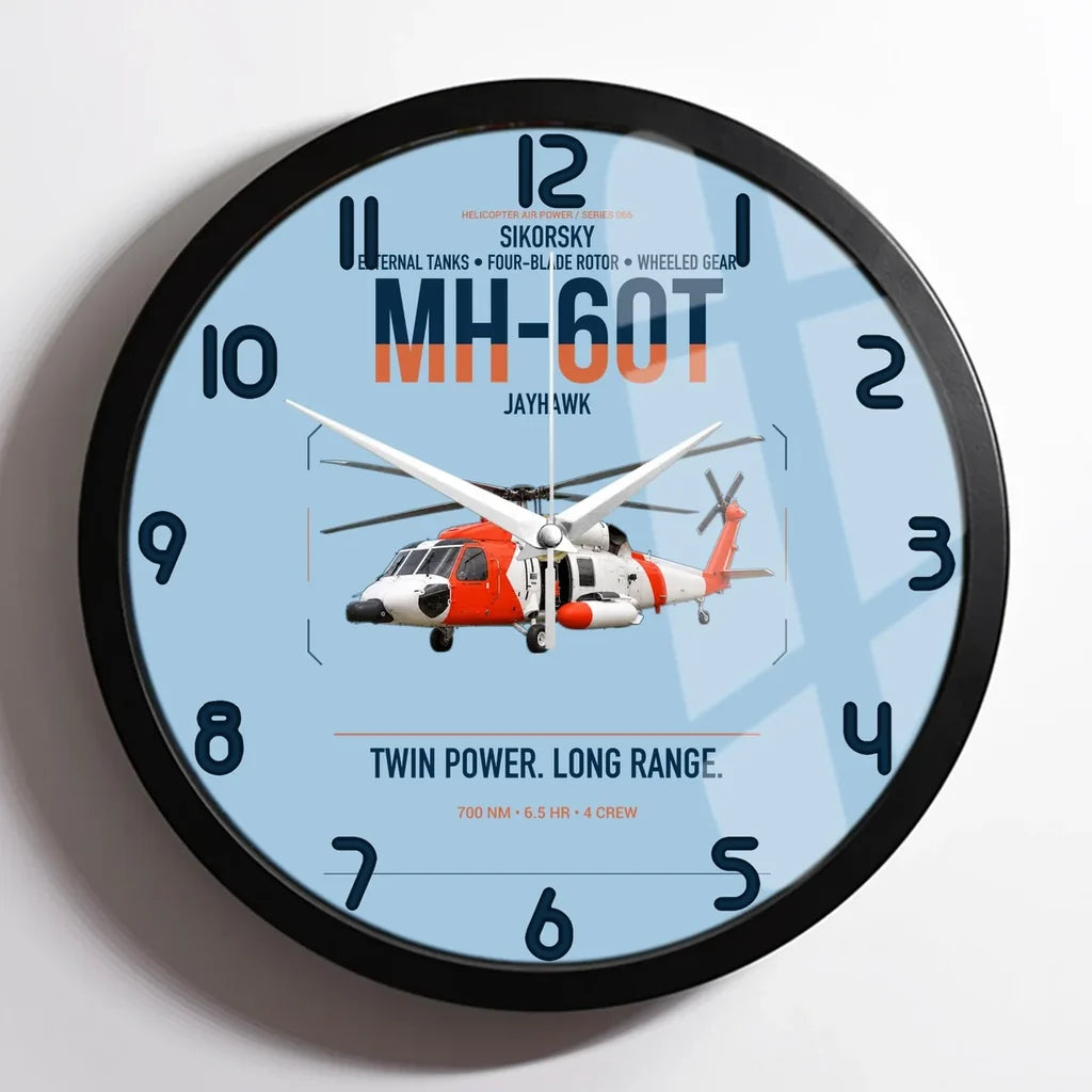 Sikorsky MH-60T Jayhawk design on light blue framed wall clock