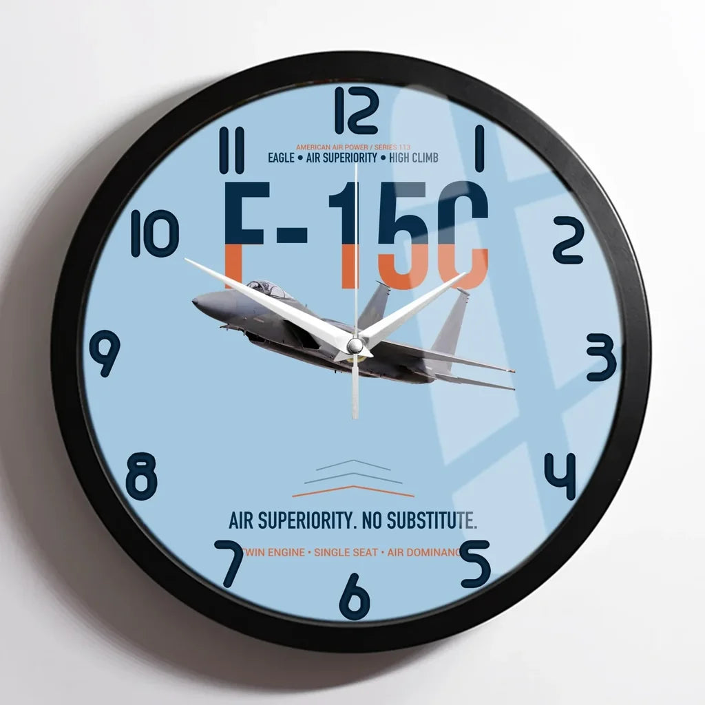 F-15C Eagle Air Superiority No Substitute design on light blue framed wall clock