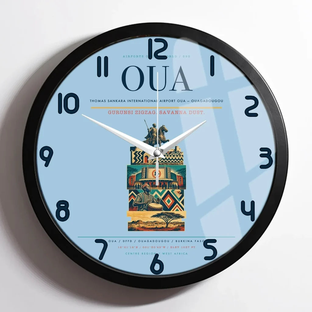Thomas Sankara International Airport (OUA) design on light blue framed wall clock