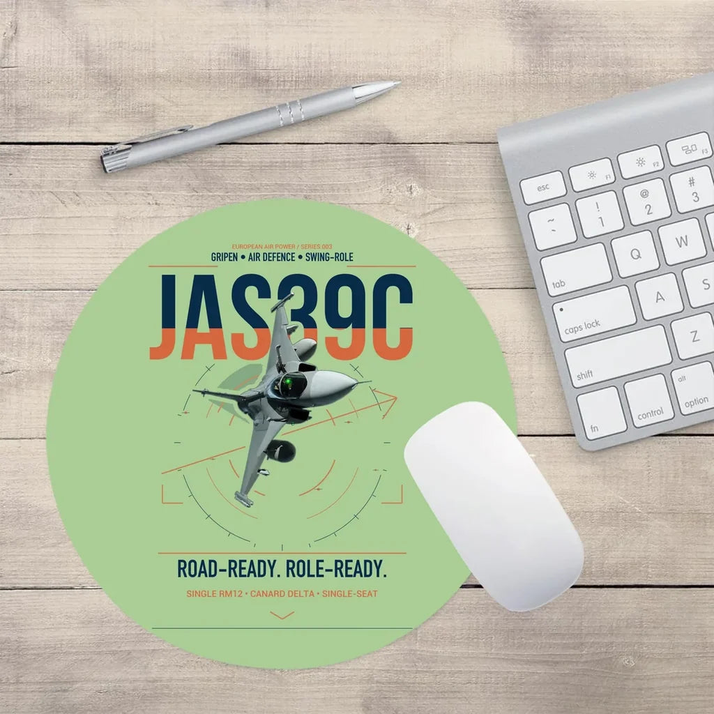 Saab JAS 39C Gripen design on light green round mouse pad