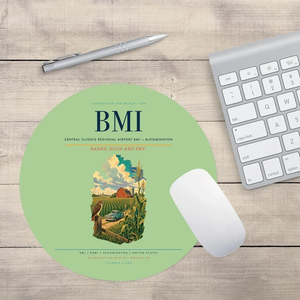Central Illinois Regional Airport (BMI) design on light green round mouse pad