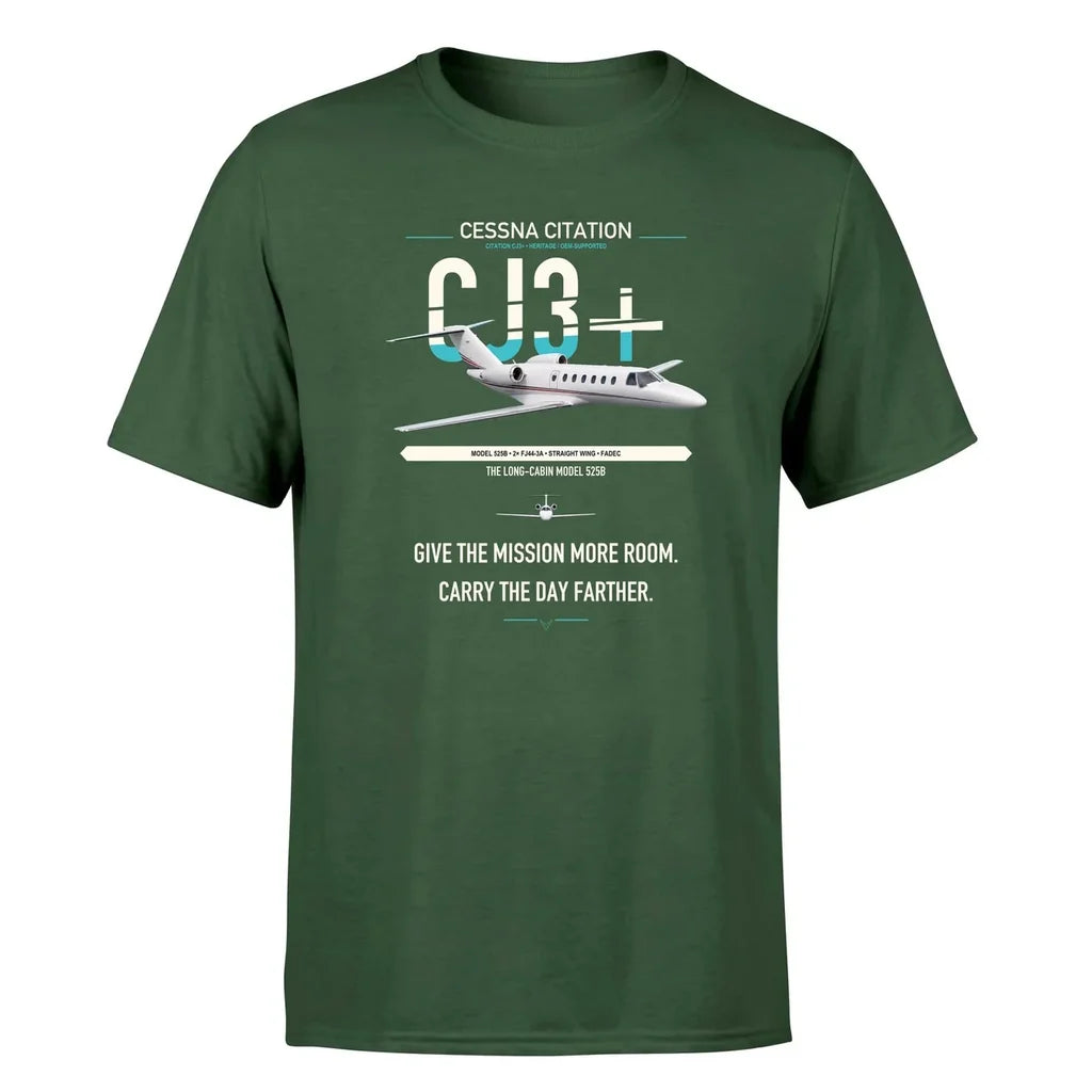 Cessna Citation CJ3+ design on dark green double-side t-shirt, single-side print
