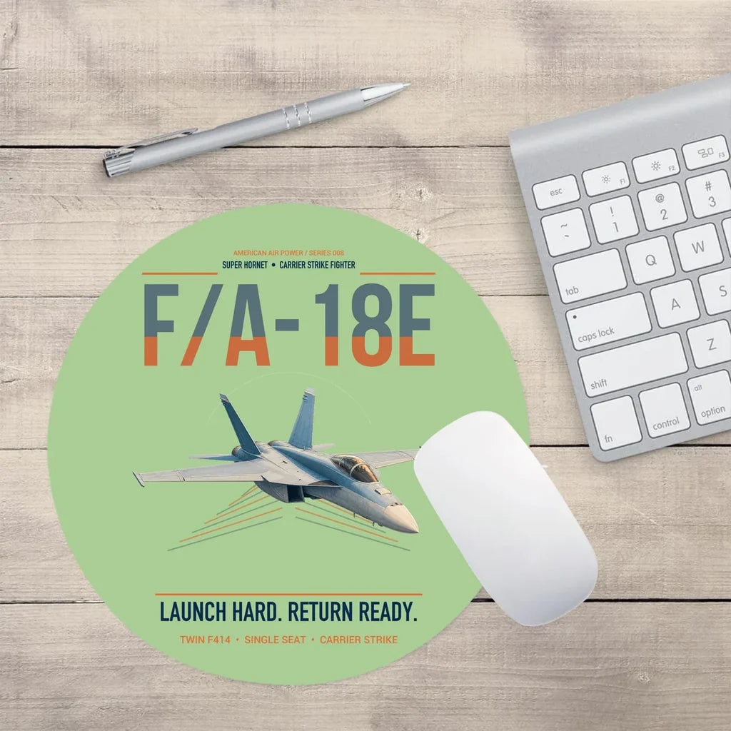 F-A-18E Super Hornet design on light green round mouse pad