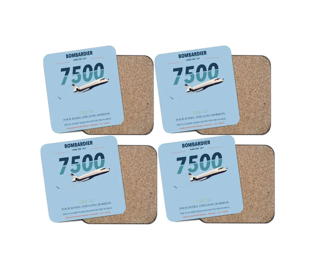 Bombardier Global 7500 design on light blue 4 pieces set coaster