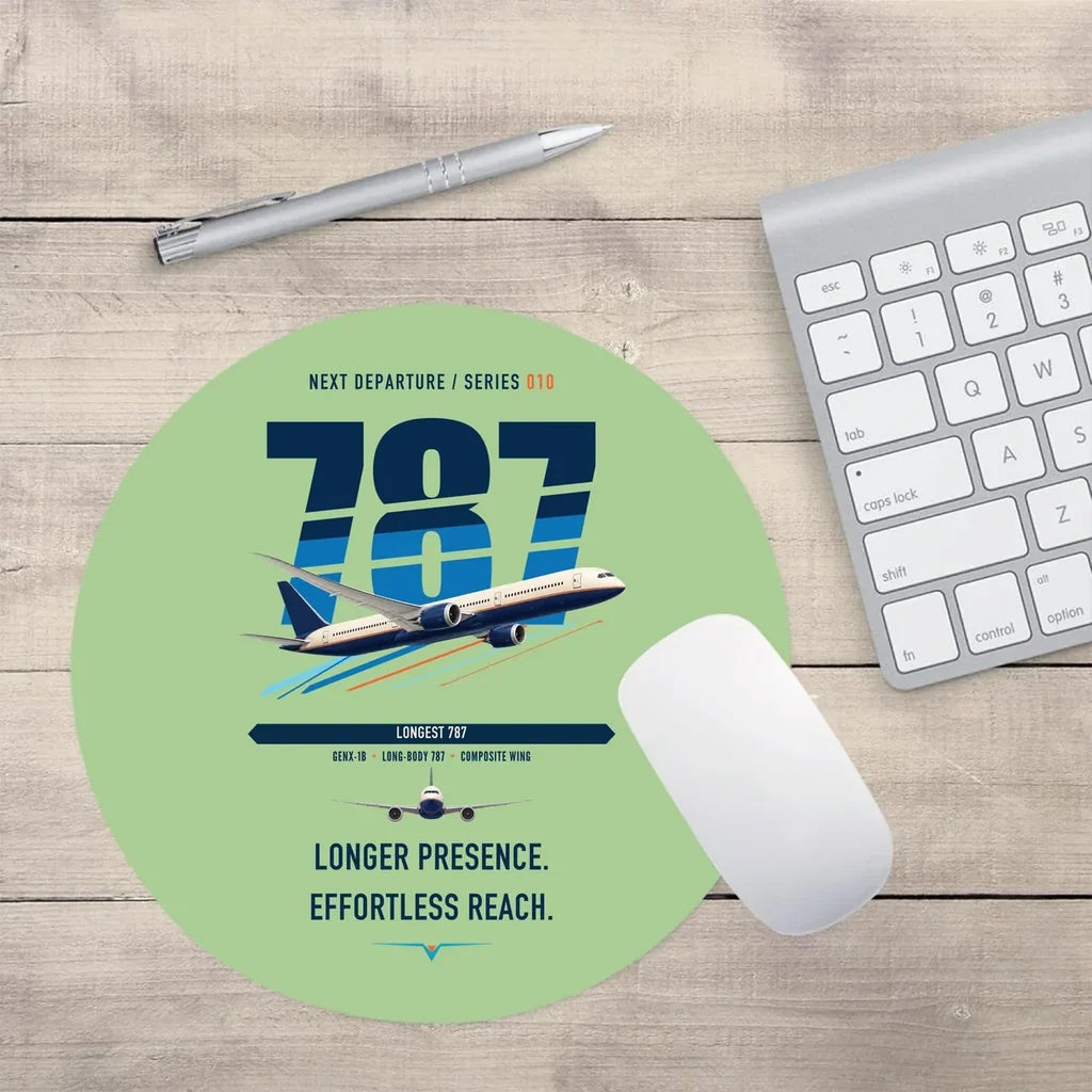 Boeing 787-10 Dreamliner design on light green round mouse pad