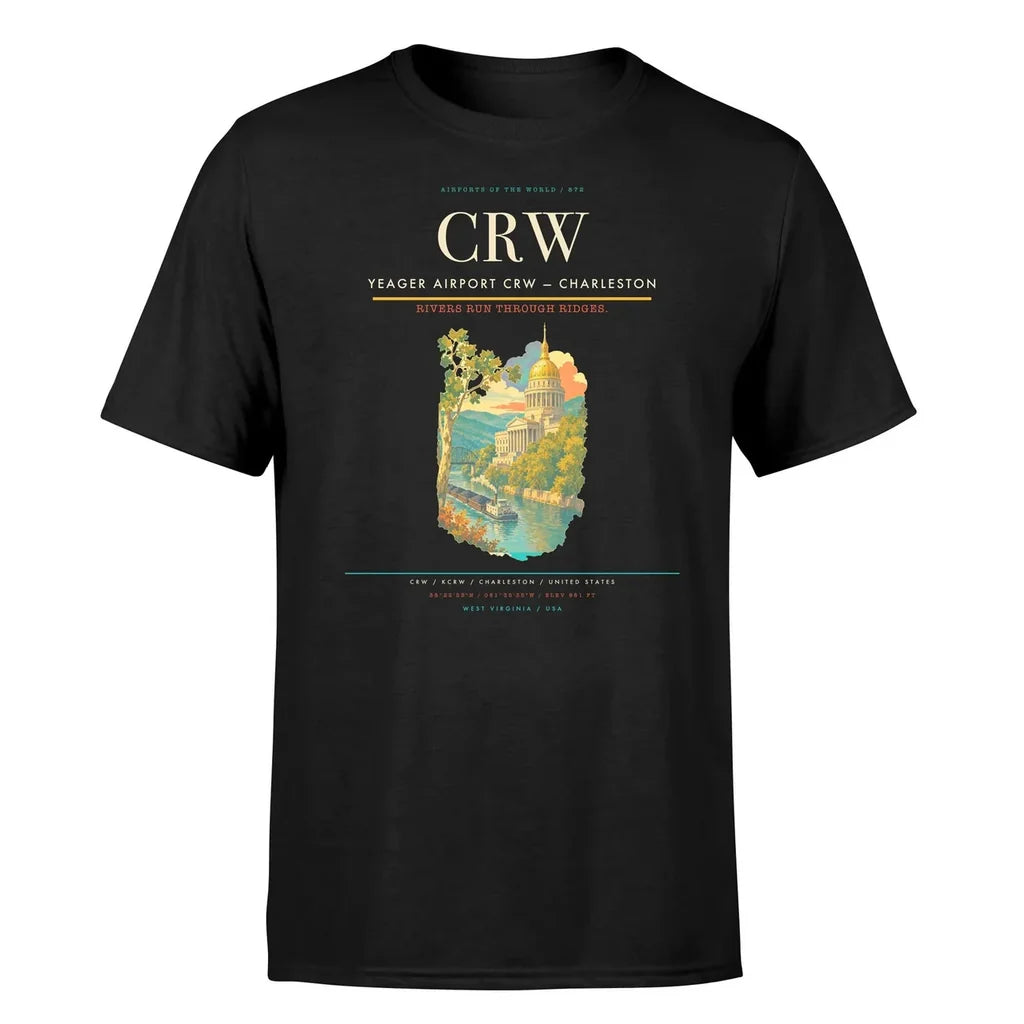 Yeager Airport (CRW) T-Shirt single-side front print in Black | yeager-airport-crw-double-side-t-shirt