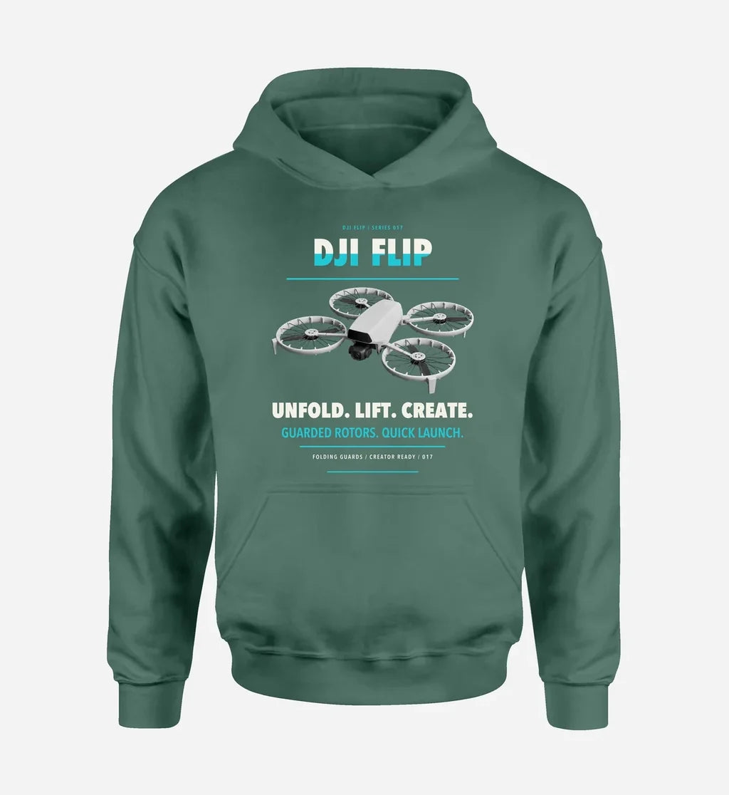 DJI Flip design on green hoodie single side