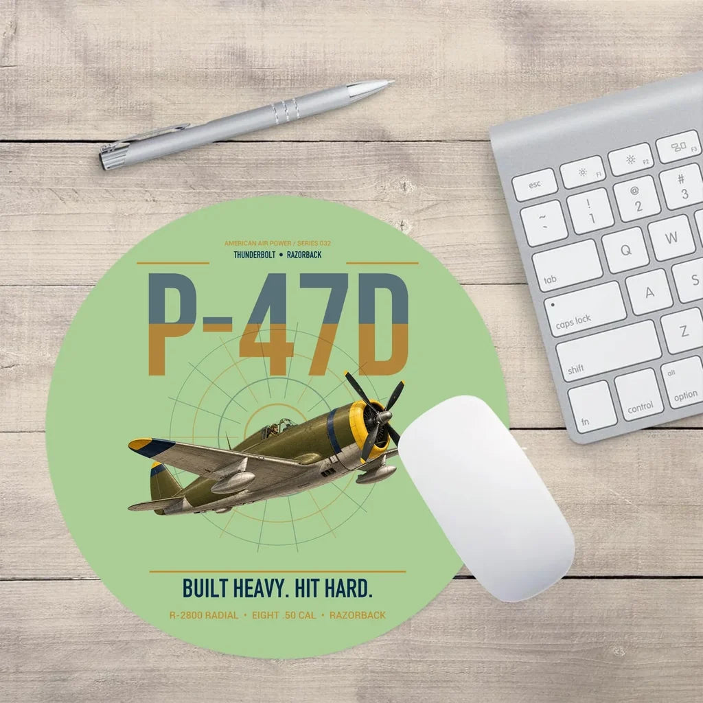 P-47D Thunderbolt Razorback design on light green round mouse pad