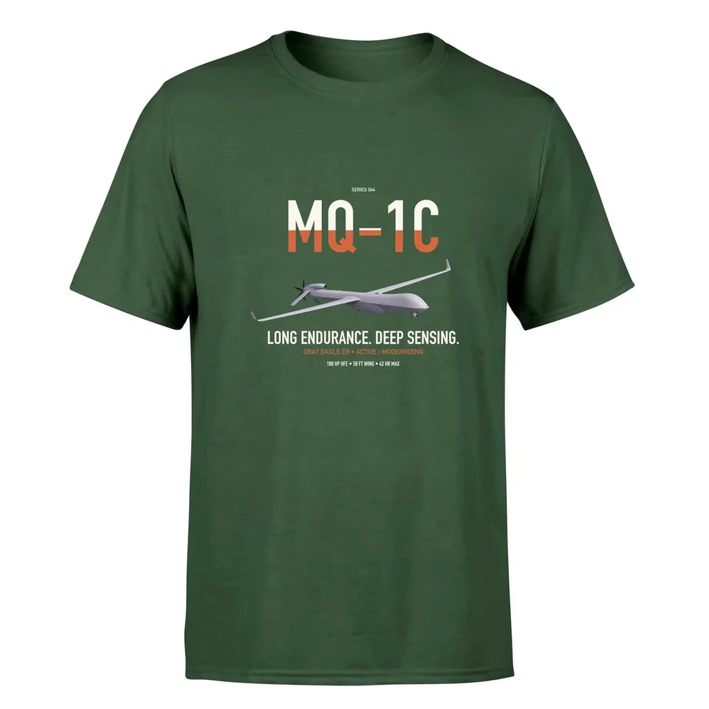 MQ-1C Gray Eagle ER design on dark green double-side t-shirt, single-side print