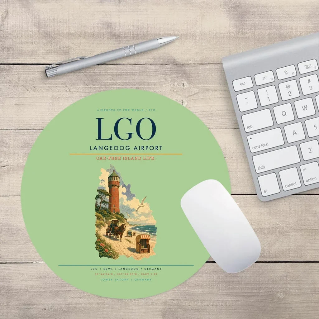 Langeoog Airport (LGO) design on light green round mouse pad