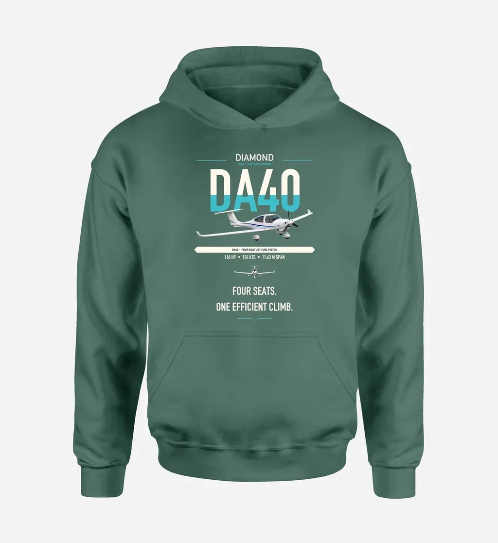 Diamond DA40 design on green double-side hoodie, single-side print