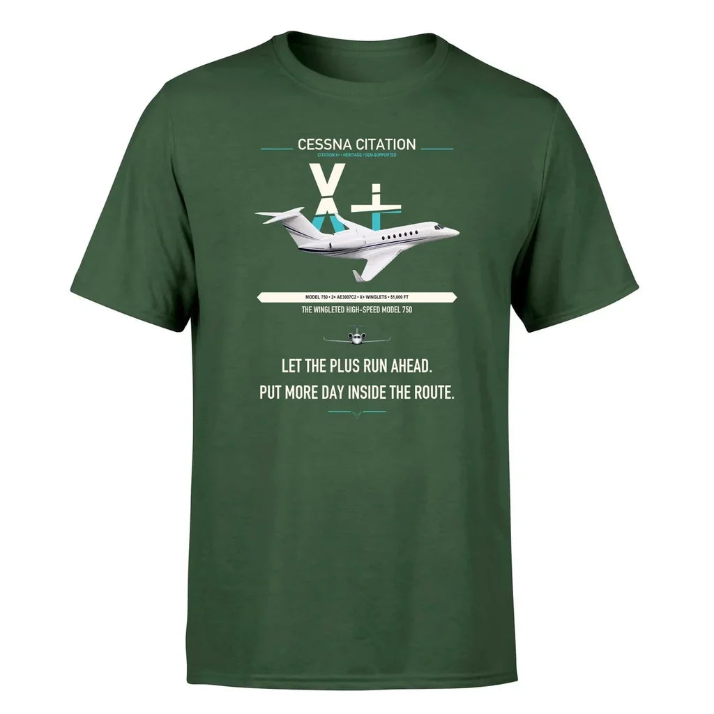 Cessna Citation X+ design on dark green double-side t-shirt, single-side print