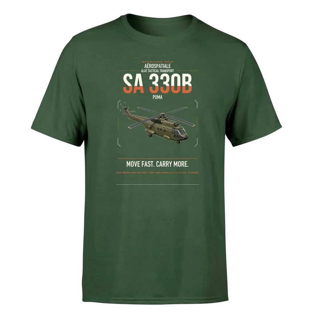 Aérospatiale SA 330B Puma design on dark green t-shirt, single-side print