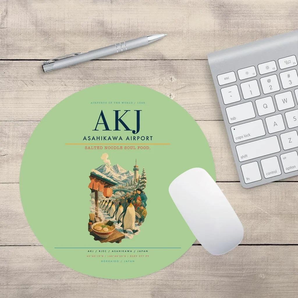 Asahikawa Airport (AKJ) design on light green round mouse pad