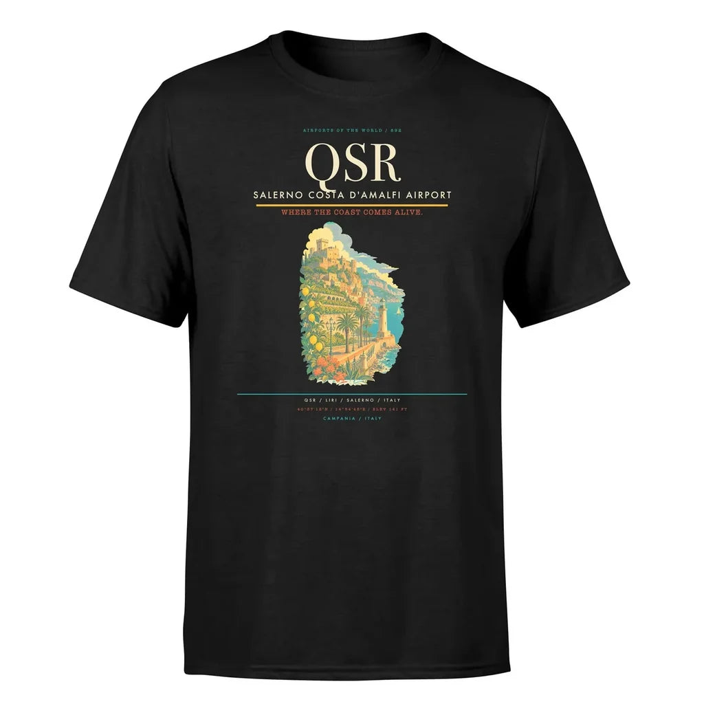 Salerno Costa d'Amalfi Airport (QSR) T-Shirt single-side front print in Black | salerno-costa-damalfi-airport-qsr-double-side-t-shirt