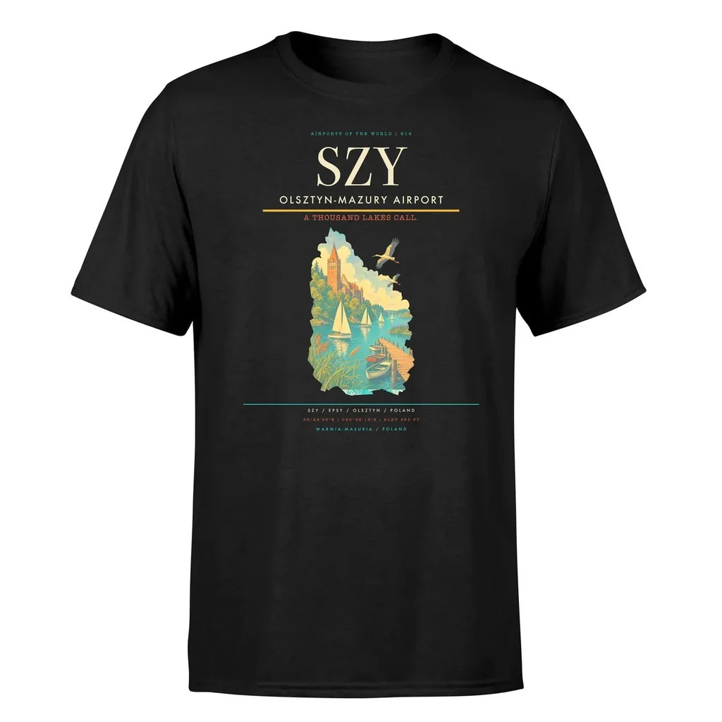 Olsztyn-Mazury Airport (SZY) T-Shirt single-side front print in Black | olsztyn-mazury-airport-szy-double-side-t-shirt
