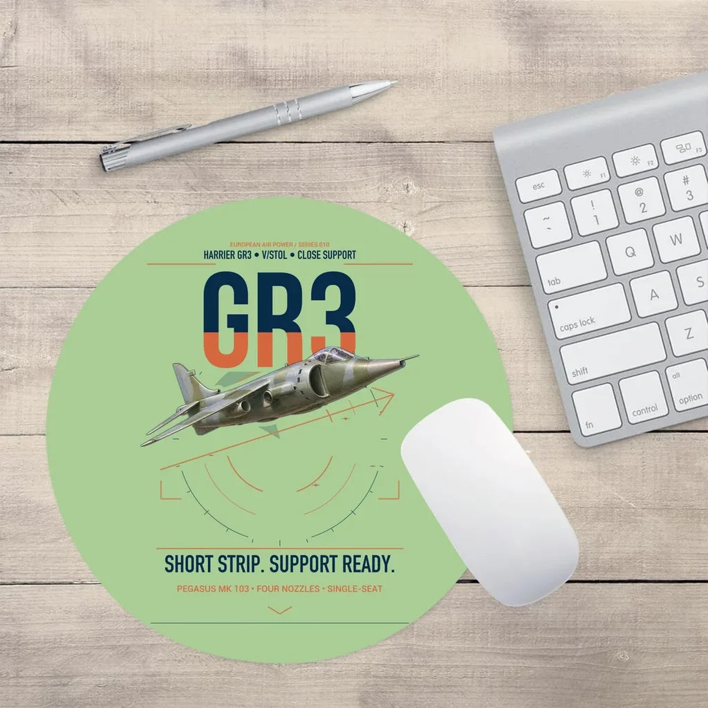 Hawker Siddeley Harrier GR3 design on light green round mouse pad