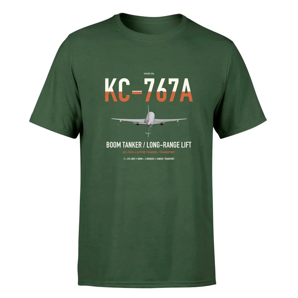 Boeing KC-767A design on dark green double-side t-shirt, single-side print