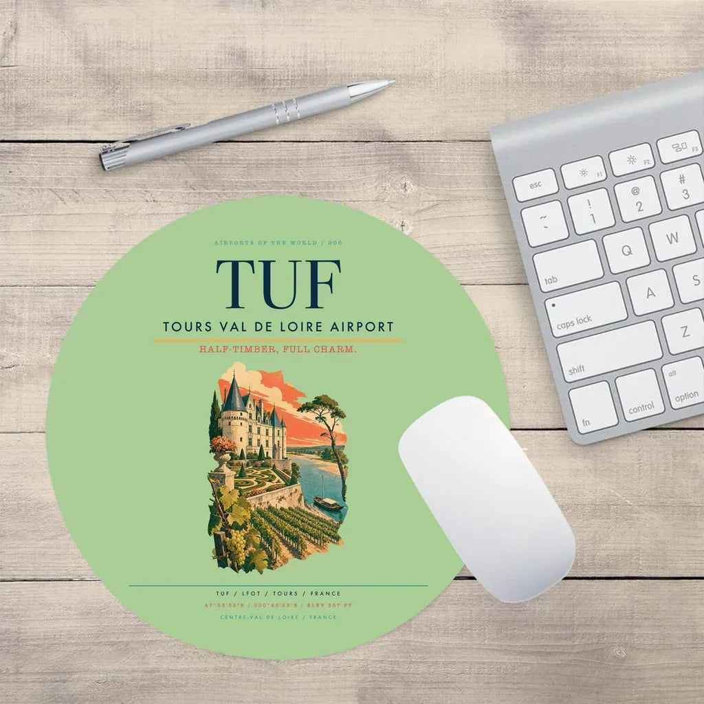 Tours Val de Loire Airport (TUF) design on light green round mouse pad
