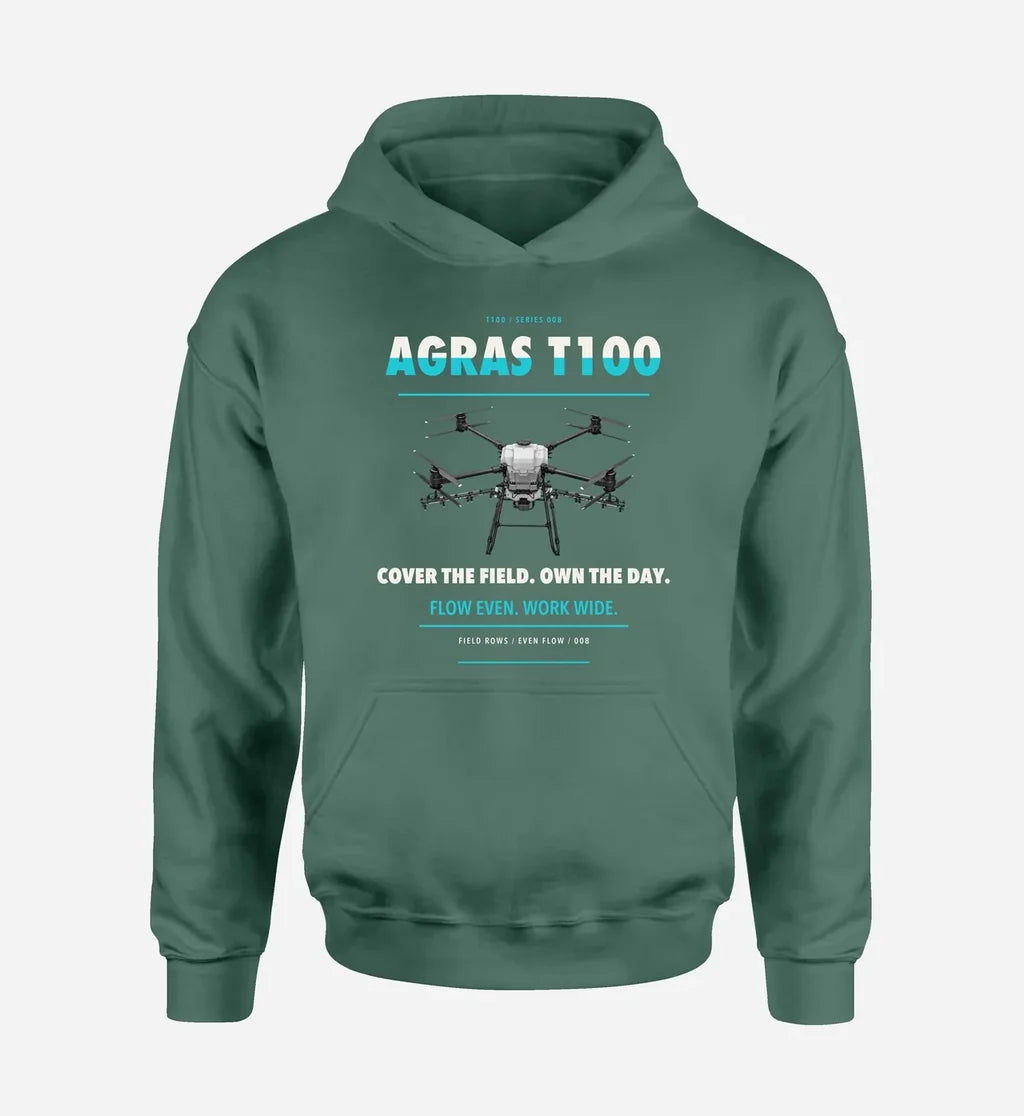 DJI Agras T100 design on green hoodie single side