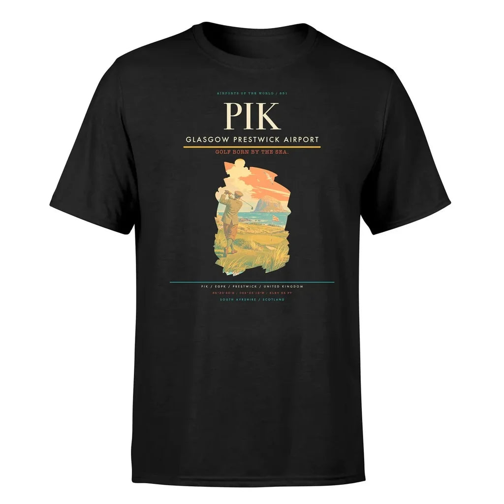 Glasgow Prestwick Airport (PIK) T-Shirt single-side front print in Black | glasgow-prestwick-airport-pik-double-side-t-shirt