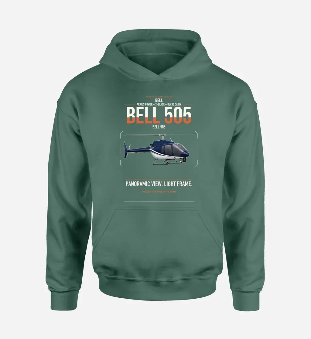 Bell 505 design on green double-side hoodie, single-side print