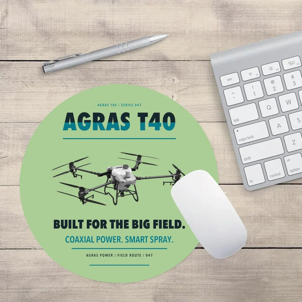 DJI Agras T40 design on light green round mouse pad