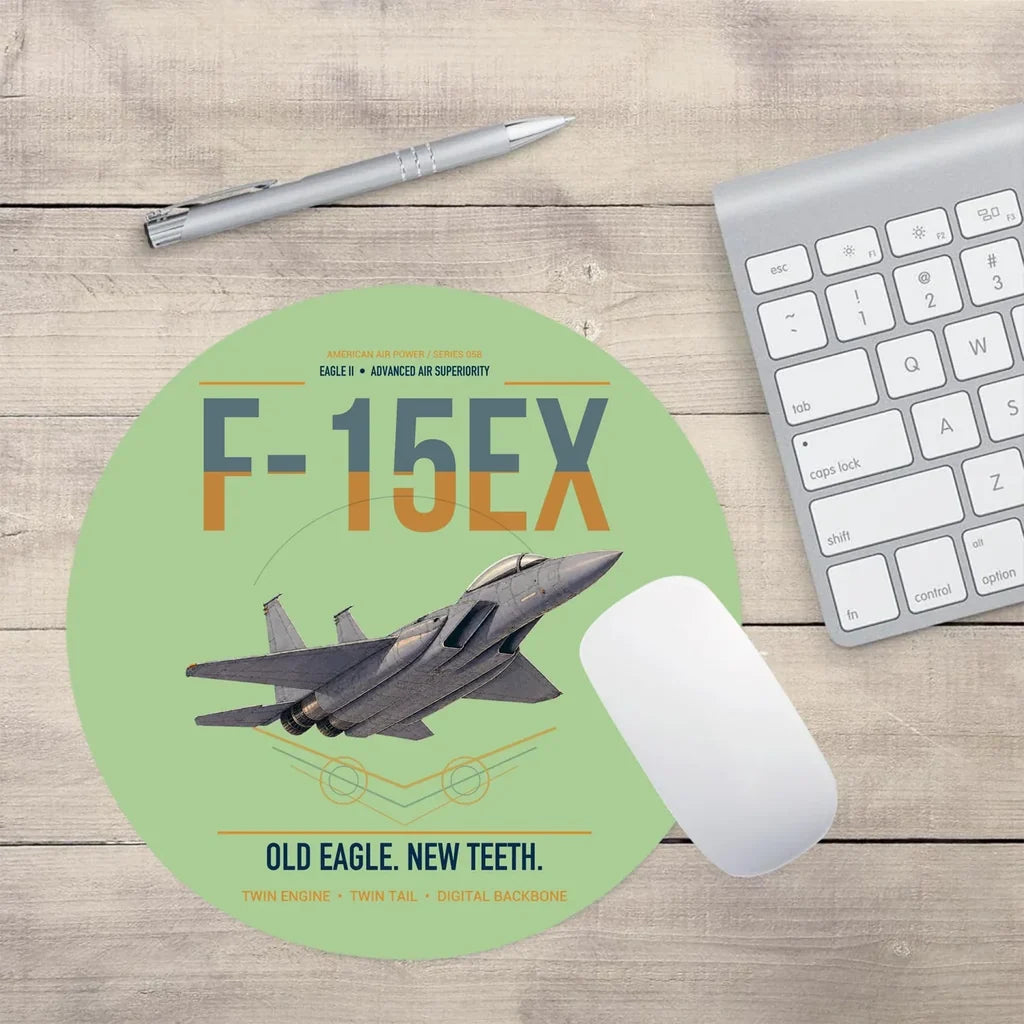 F-15EX Eagle II design on light green round mouse pad