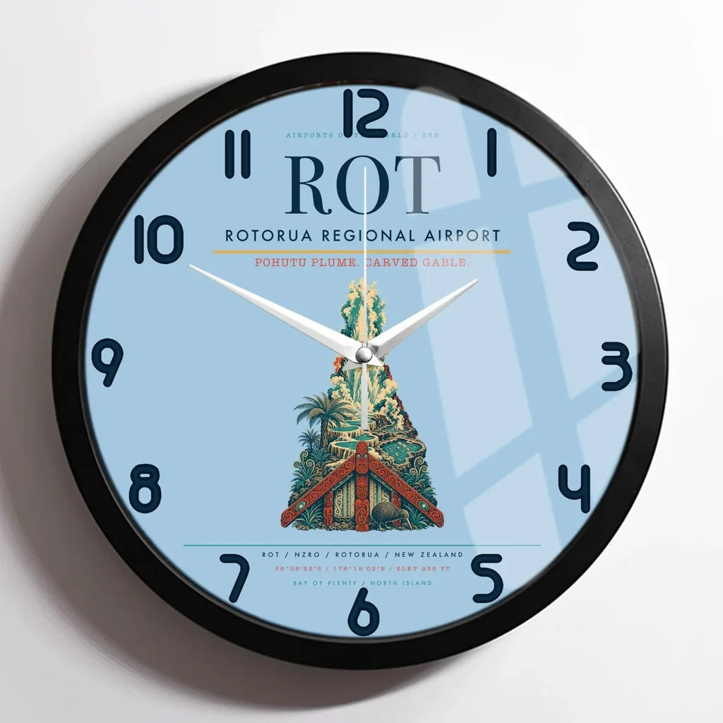 Rotorua Regional Airport (ROT) design on light blue framed wall clock
