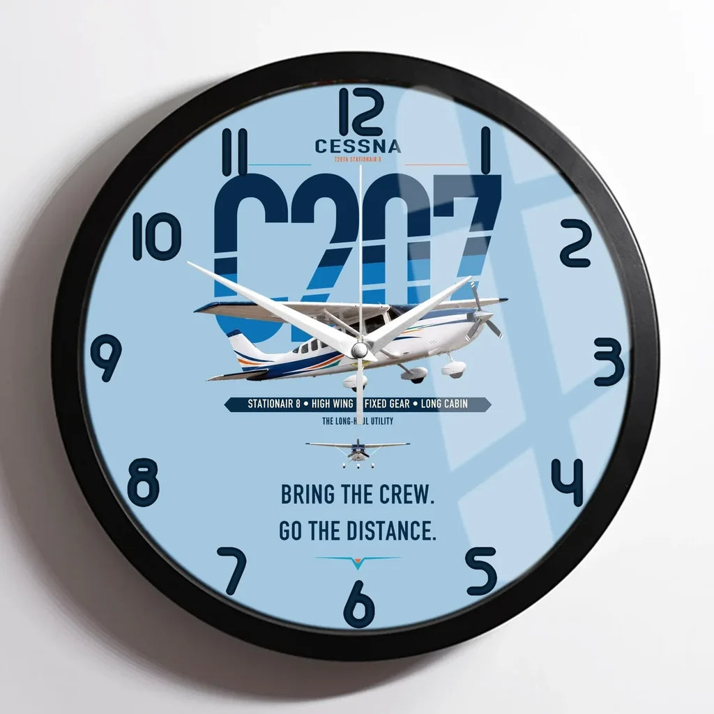 Cessna T207A Stationair 8 design on light blue framed wall clock