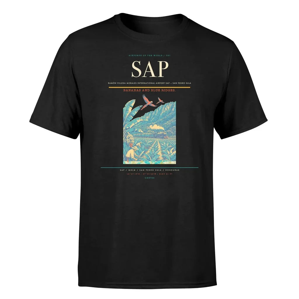 Ramón Villeda Morales International Airport (SAP) T-Shirt single-side front print in Black | ramón-villeda-morales-international-airport-sap-double-side-t-shirt