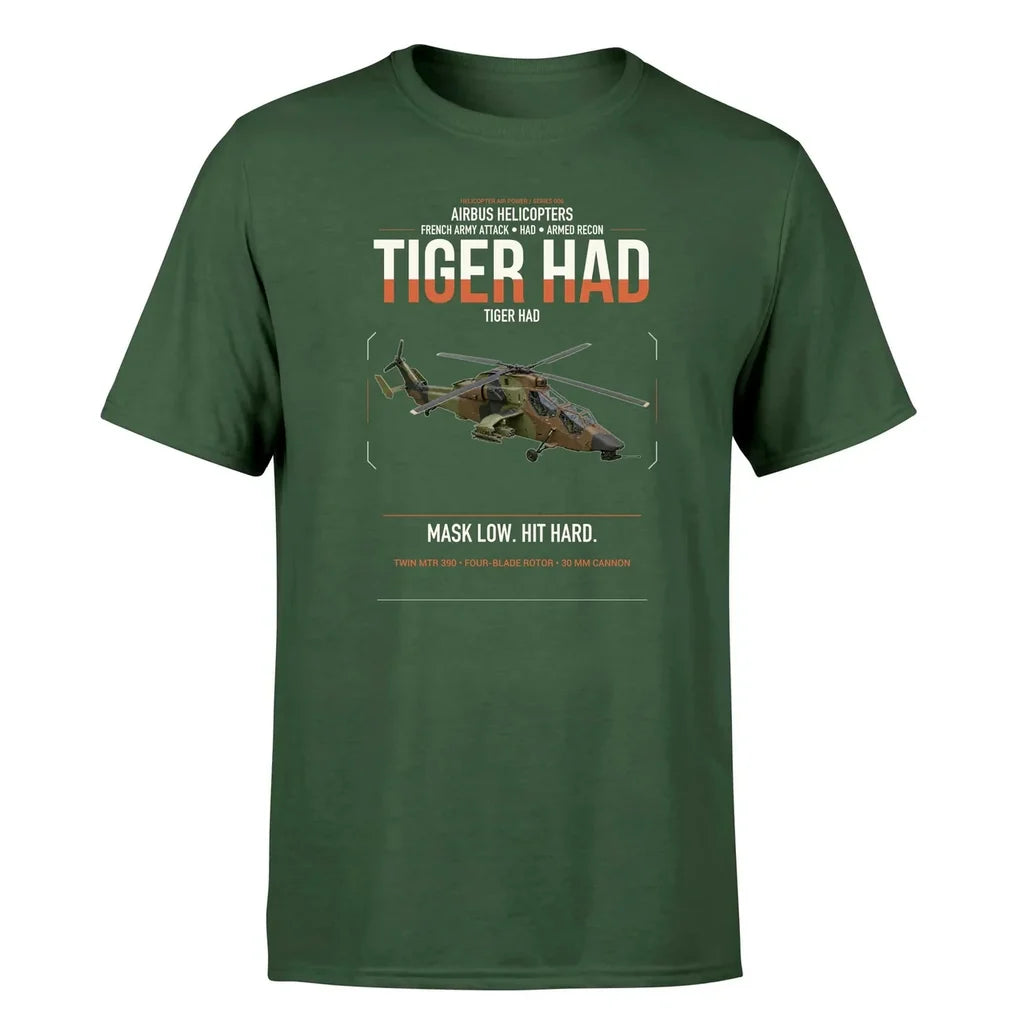 Airbus Helicopters Tiger HAD design on dark green t-shirt, single-side print