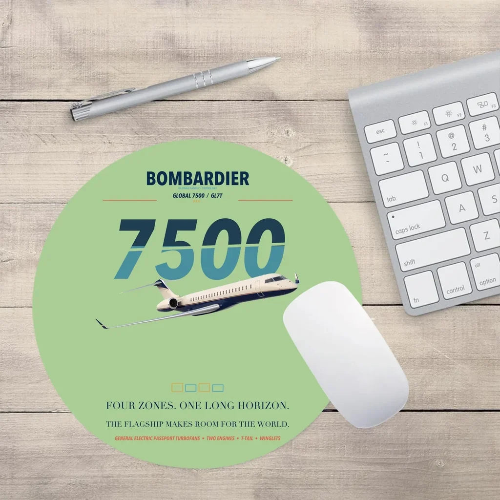 Bombardier Global 7500 design on light green round mouse pad
