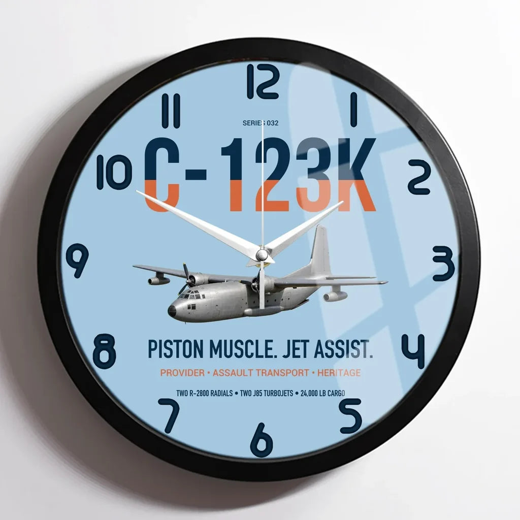 C-123K Provider design on light blue framed wall clock