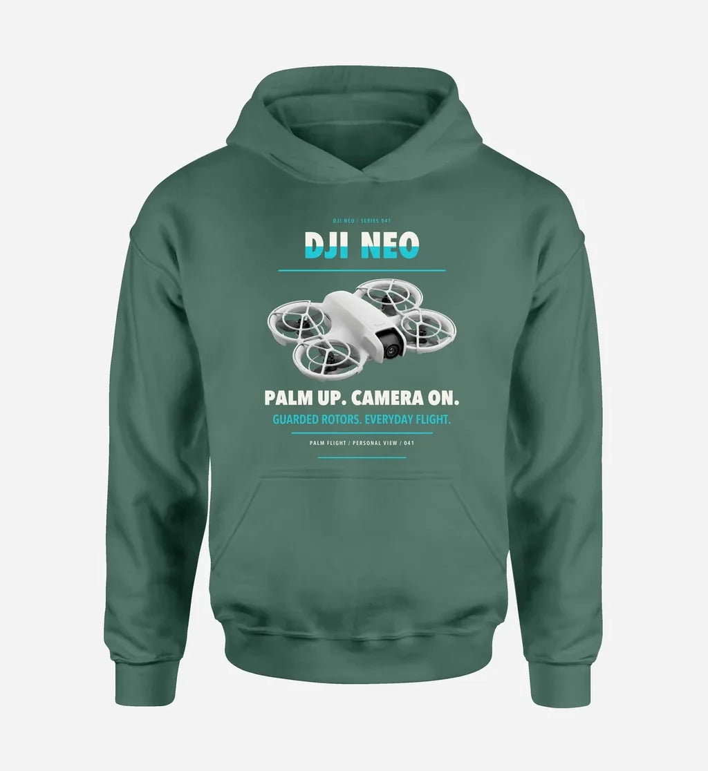 DJI Neo design on green hoodie single side