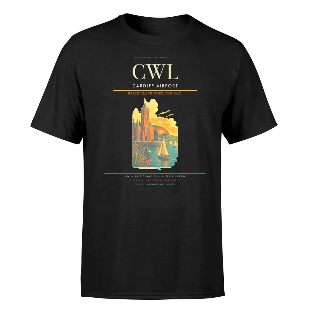 Cardiff Airport (CWL) T-Shirt single-side front print in Black | cardiff-airport-cwl-double-side-t-shirt