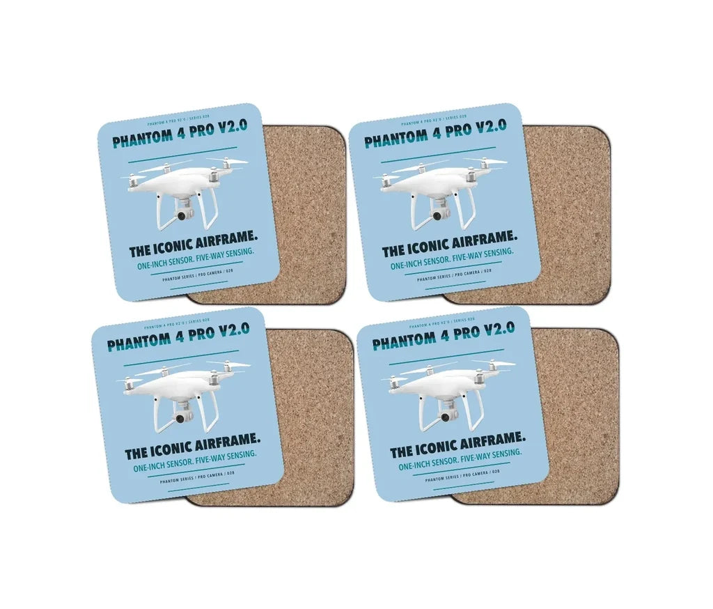 DJI Phantom 4 Pro V2.0 design on light blue 4 pieces set coaster