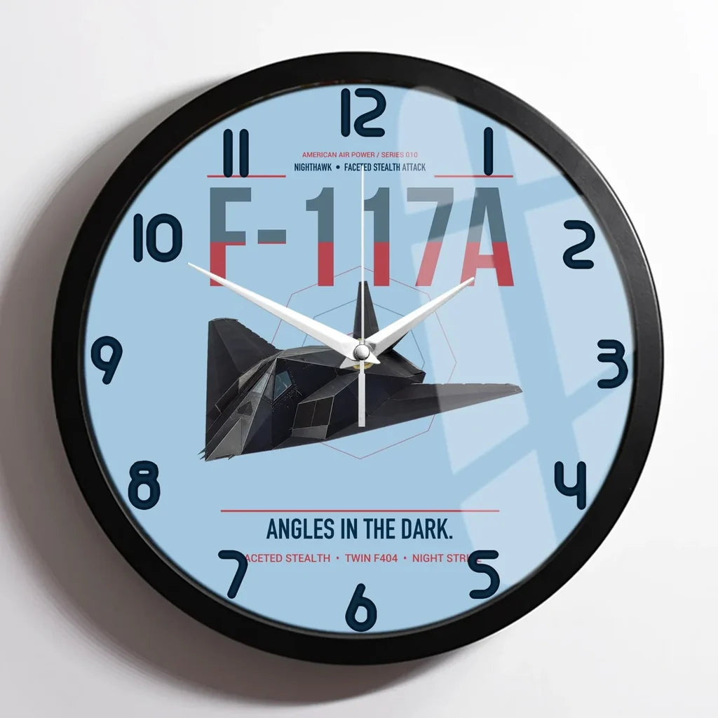 F-117A Nighthawk design on light blue framed wall clock