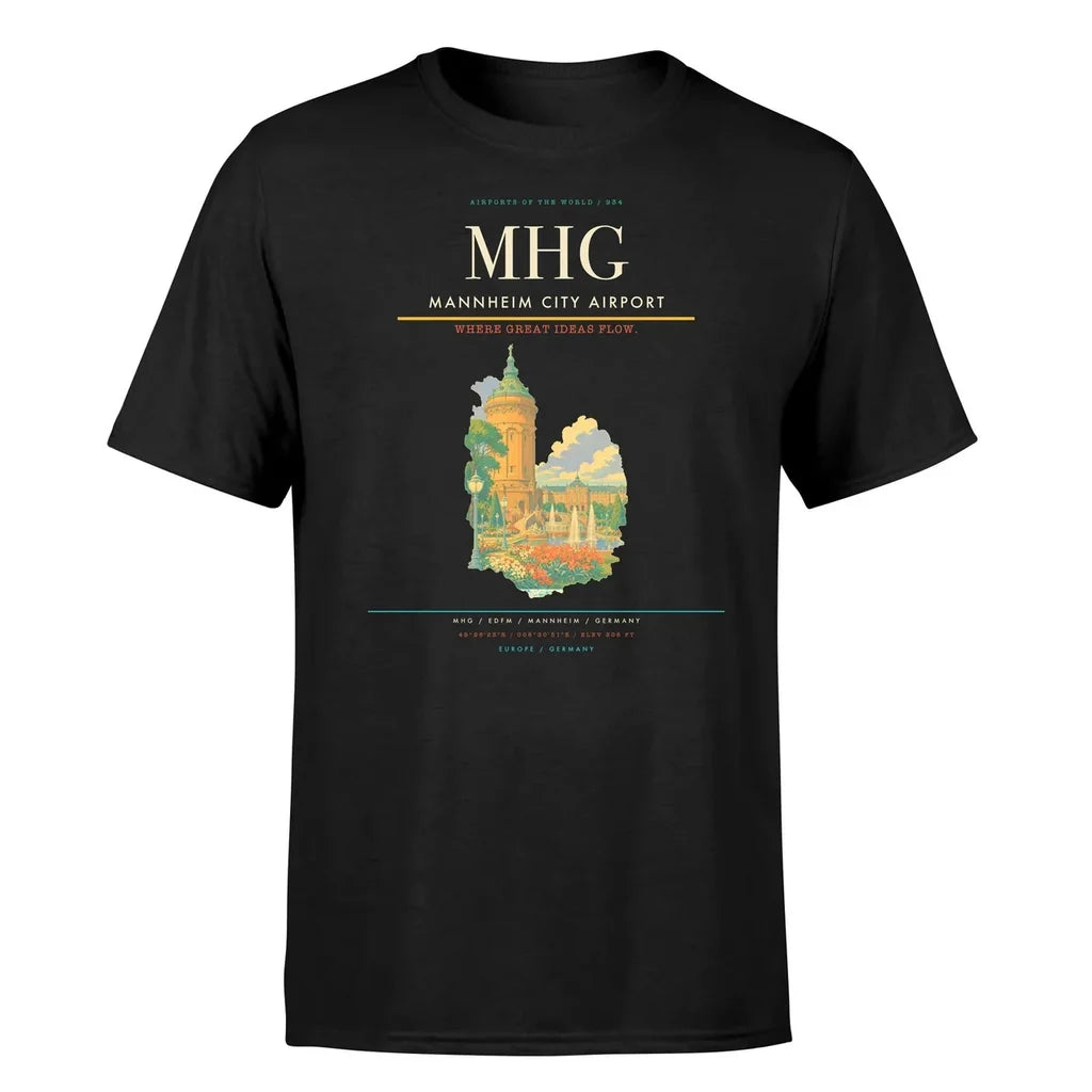 Mannheim City Airport (MHG) T-Shirt single-side front print in Black | mannheim-city-airport-mhg-double-side-t-shirt