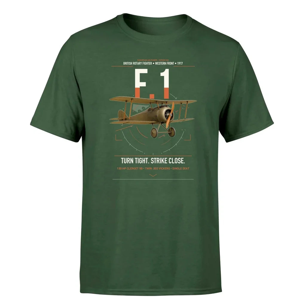 Sopwith Camel F.1 design on dark green t-shirt, single-side print