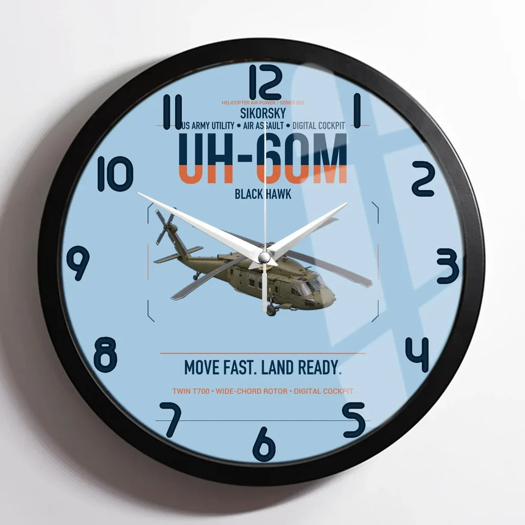 Sikorsky UH-60M Black Hawk design on light blue framed wall clock