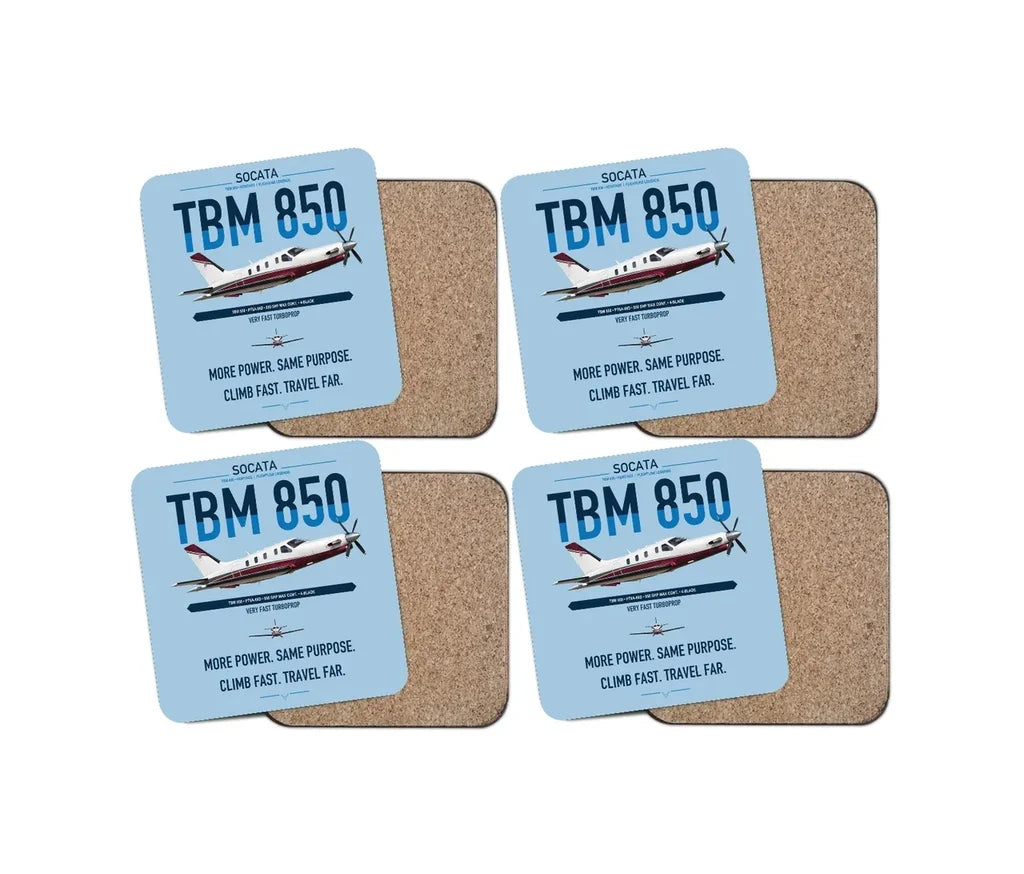 Socata TBM 850 design on light blue 4 pieces set coaster