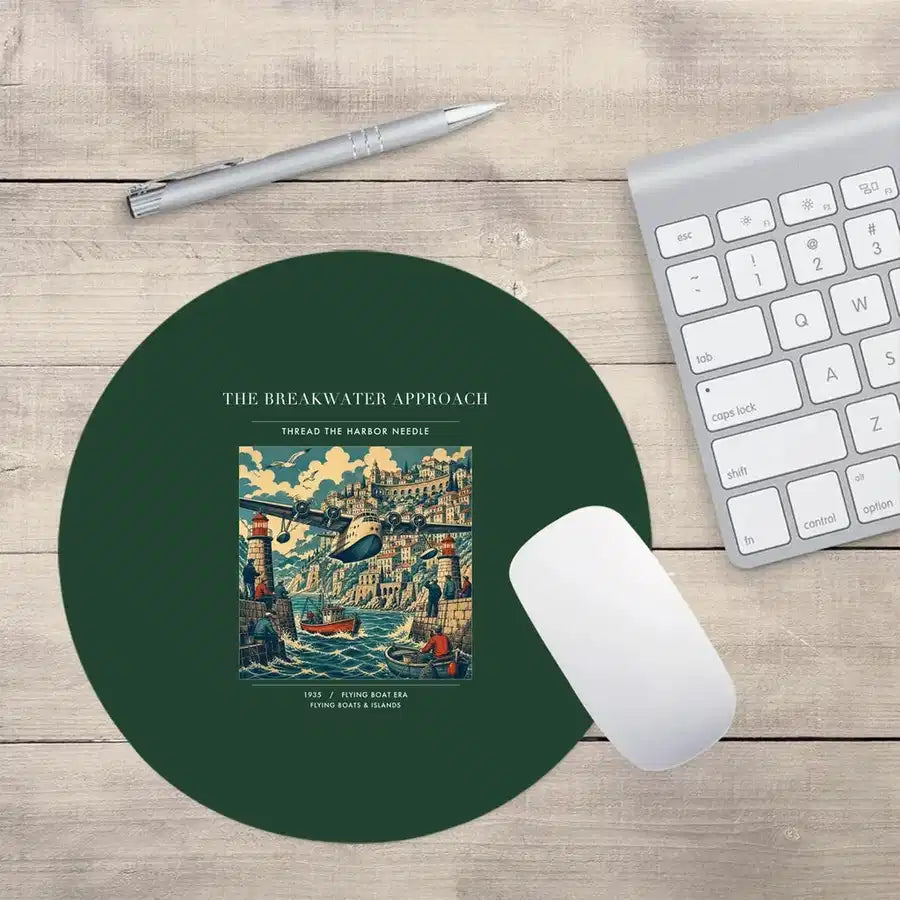 VINTAGE G4365 - The Breakwater Approach - Designed Mouse Pads design on darkgreen round