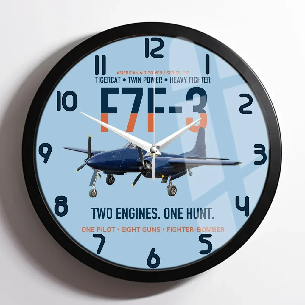 F7F-3 Tigercat Two Engines One Hunt design on light blue framed wall clock