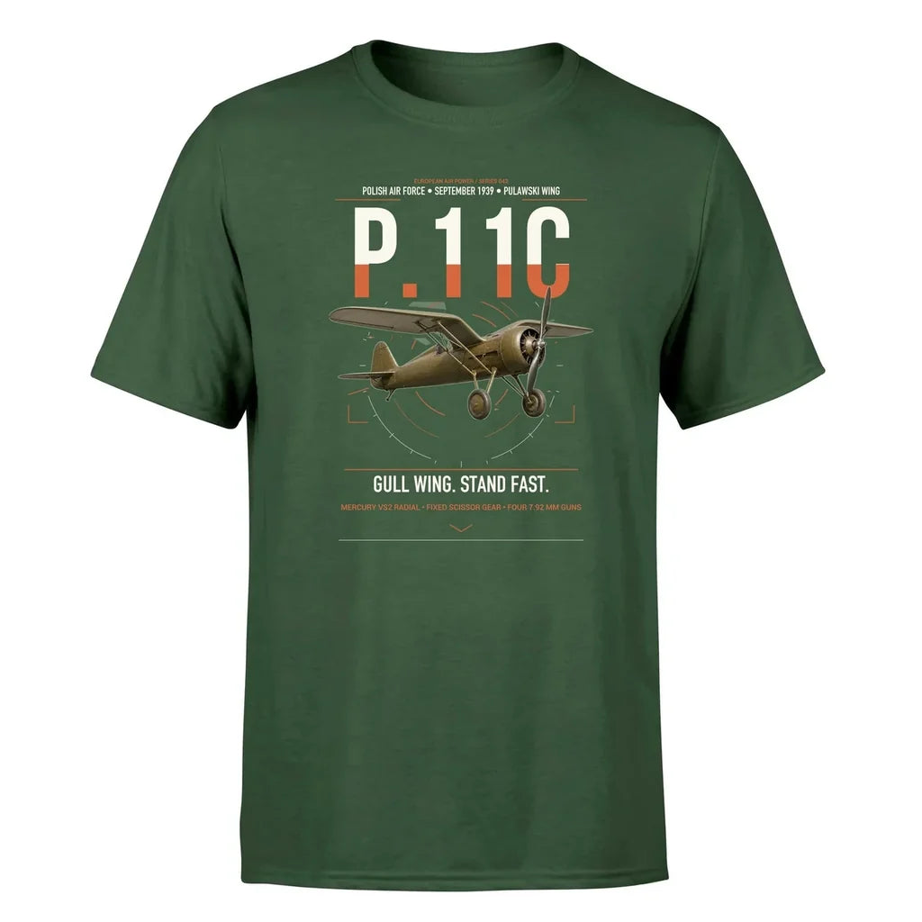 PZL P.11c design on dark green t-shirt, single-side print