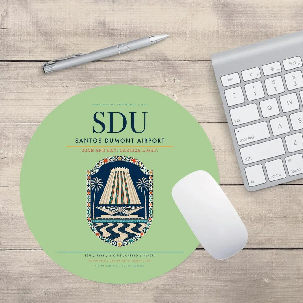 Santos Dumont Airport (SDU) design on light green round mouse pad
