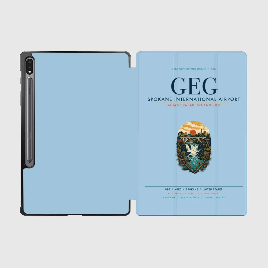 Spokane International Airport (GEG) design on light blue samsung tablet tablet case