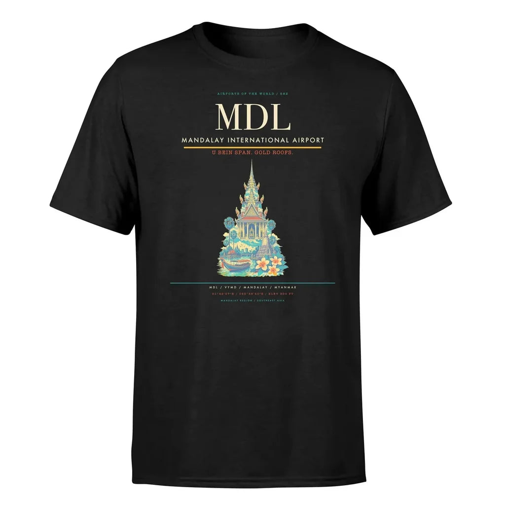 Mandalay International Airport (MDL) T-Shirt single-side front print in Black | mandalay-international-airport-mdl-double-side-t-shirt