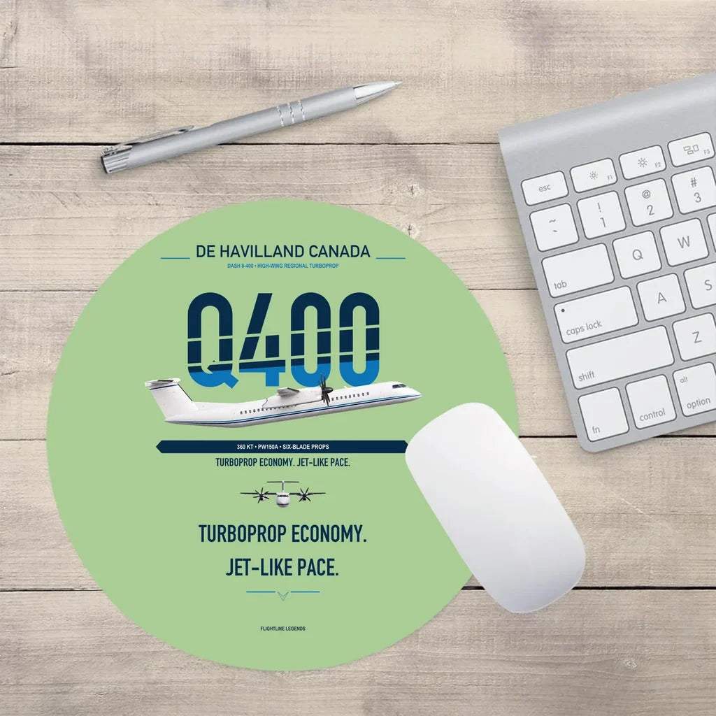 De Havilland Dash 8-400 design on light green round mouse pad